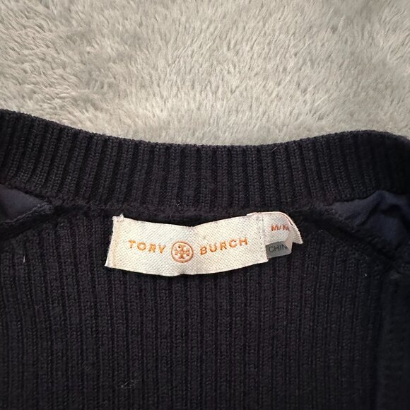 Tory Burch Black Long Sleeve Sweater Top Lambs Leather Ribbed Knit MEDIUM - Picture 2 of 6